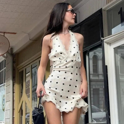 OLANE Polka Dot Backless Lace Mini Dress XSWomen’s Dresses