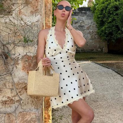 OLANE Polka Dot Backless Lace Mini Dress XSWomen’s Dresses