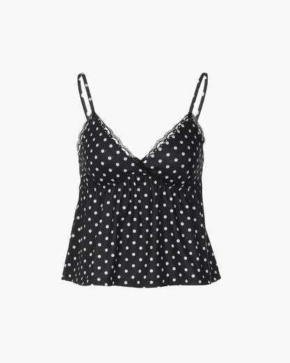 OLANE Polka Dot Lace Spaghetti Strap Camisole BlackLWomen’s Tops