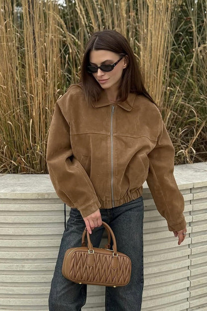 OLANE Relaxed-Fit Faux Suede Zip-Up Jacket BrownMWomen's Coats & Jackets