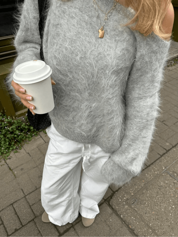 OLANE Relaxed Fit Off-Shoulder Mohair Sweater GreySWomen's Sweaters & Cardigans