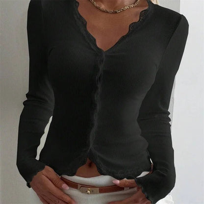 OLANE Ribbed Lace Trim V - Neck Blouse BlackSWomen’s Tops