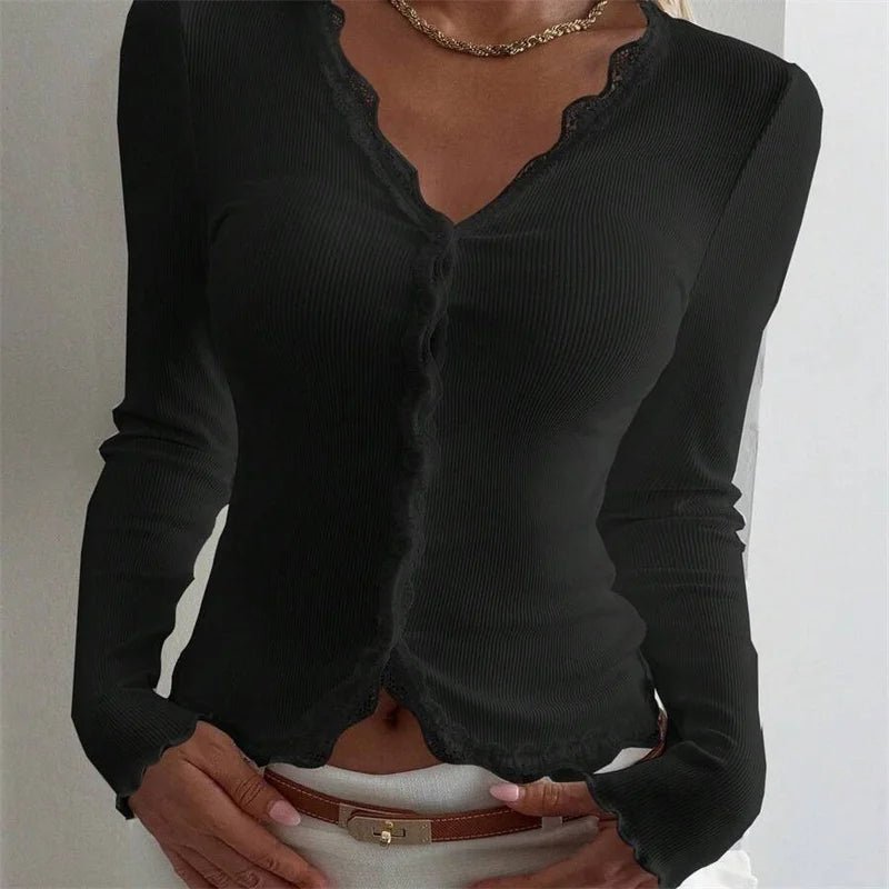 OLANE Ribbed Lace Trim V-Neck Blouse WhiteSWomen's Tops