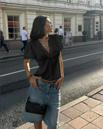 OLANE Rochelle Lace Short Sleeve V - Neck Top BlackMWomen's Tops