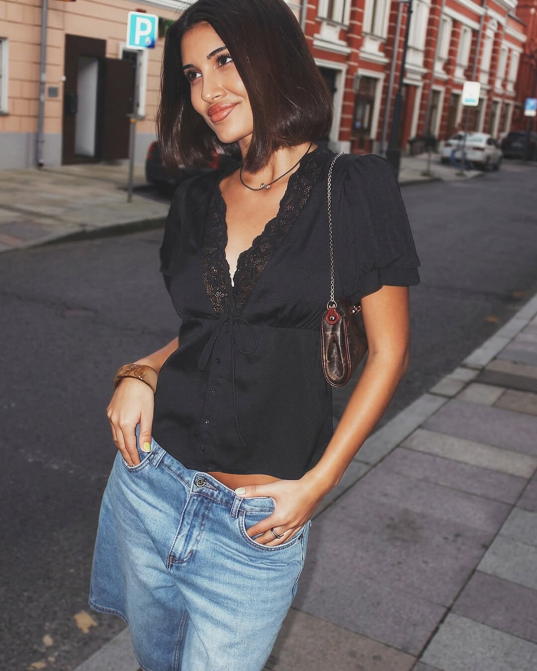 OLANE Rochelle Lace Short Sleeve V - Neck Top BlackSWomen's Tops