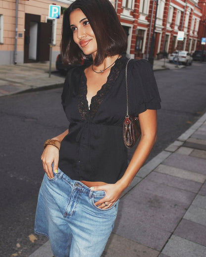 OLANE Rochelle Lace Short Sleeve V - Neck Top BlackSWomen's Tops