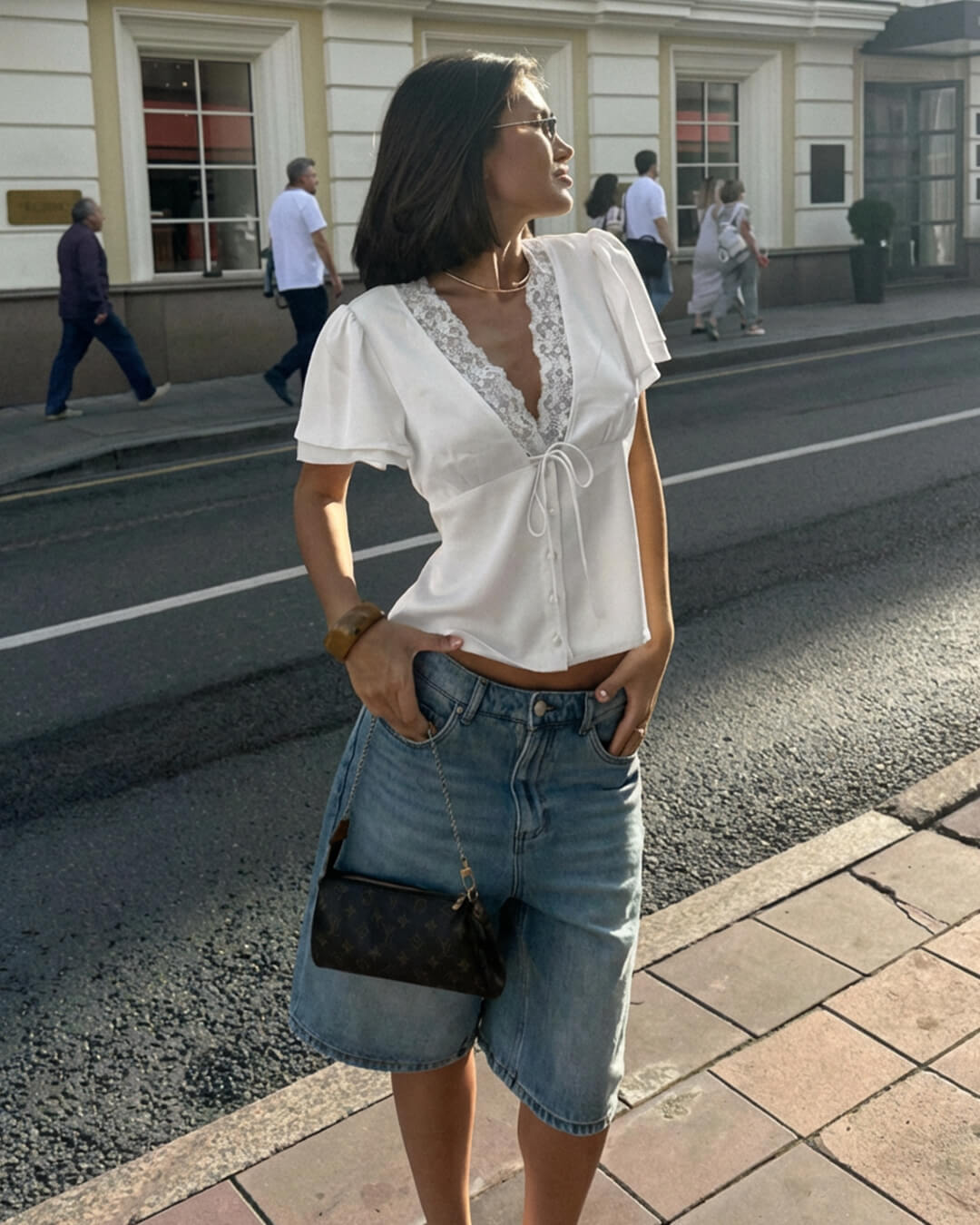 OLANE Rochelle Lace Short Sleeve V - Neck Top BlackSWomen's Tops