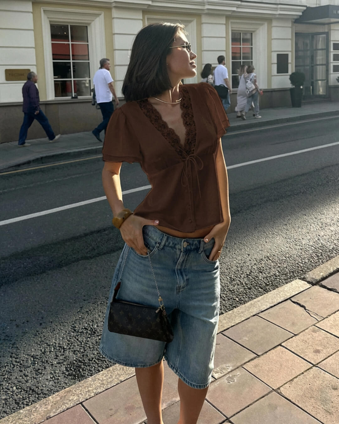 OLANE Rochelle Lace Short Sleeve V - Neck Top BrownMWomen's Tops