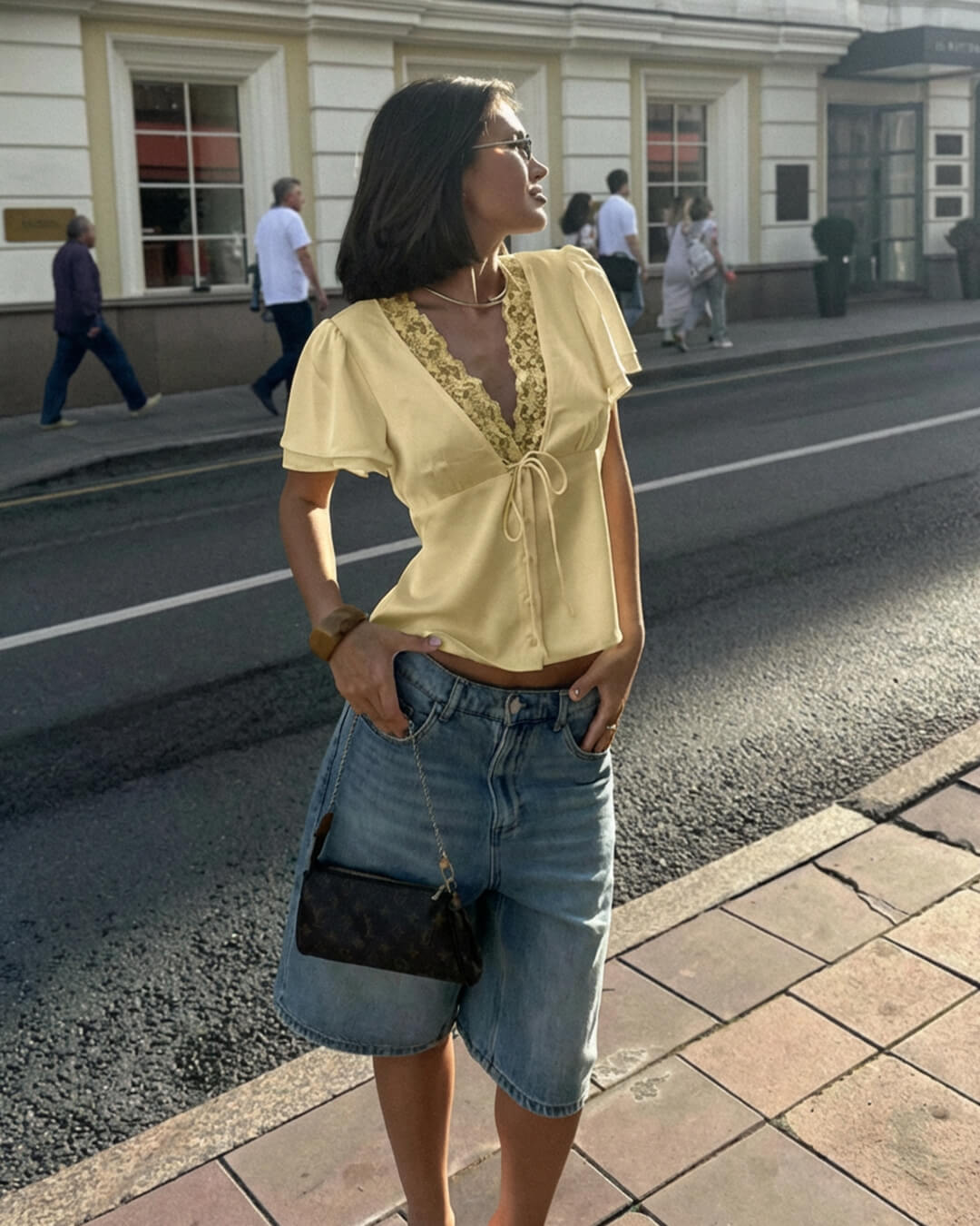 OLANE Rochelle Lace Short Sleeve V - Neck Top Light YellowMWomen's Tops