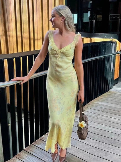 OLANE Romantic Ruffled Floral Maxi Dress MWomen's Dresses