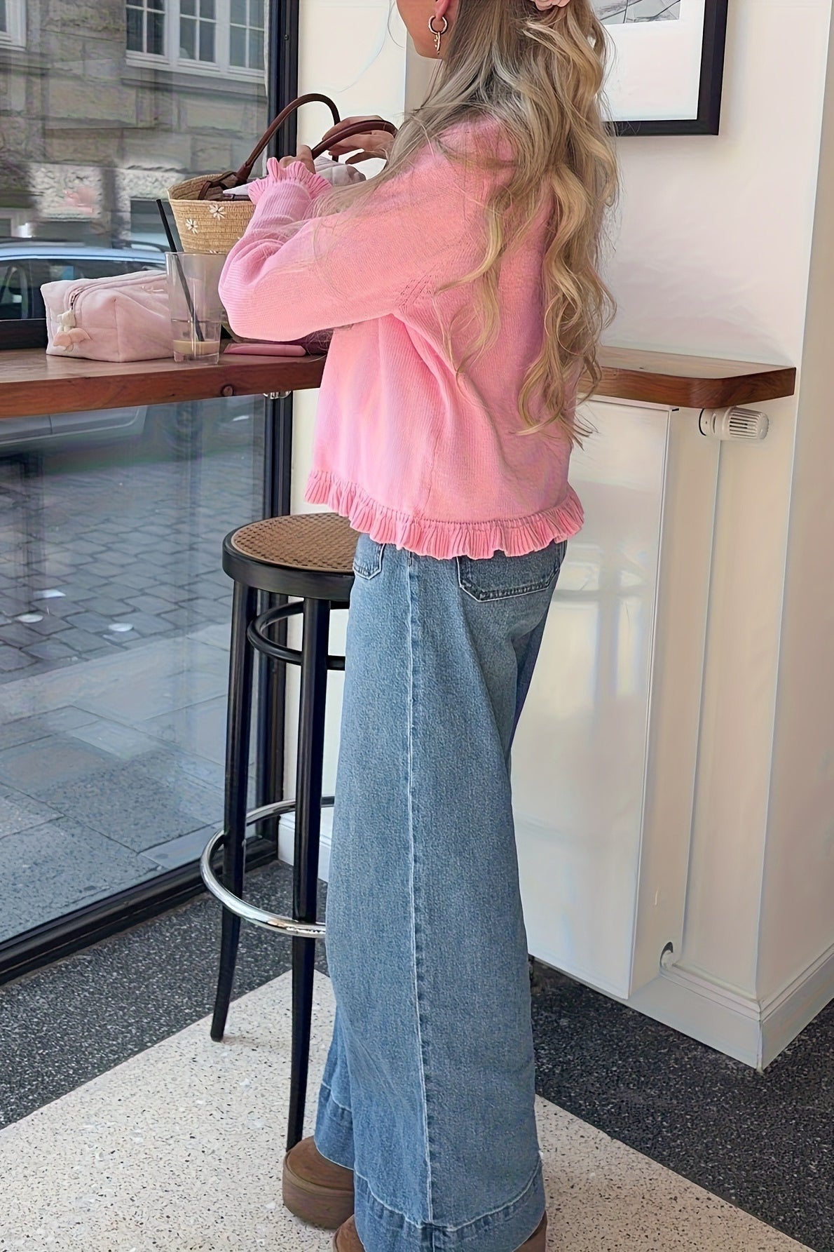 OLANE Round Neck Frill Knit Cardigan PinkSWomen's Sweaters & Cardigans