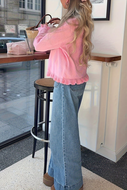 OLANE Round Neck Frill Knit Cardigan PinkSWomen's Sweaters & Cardigans