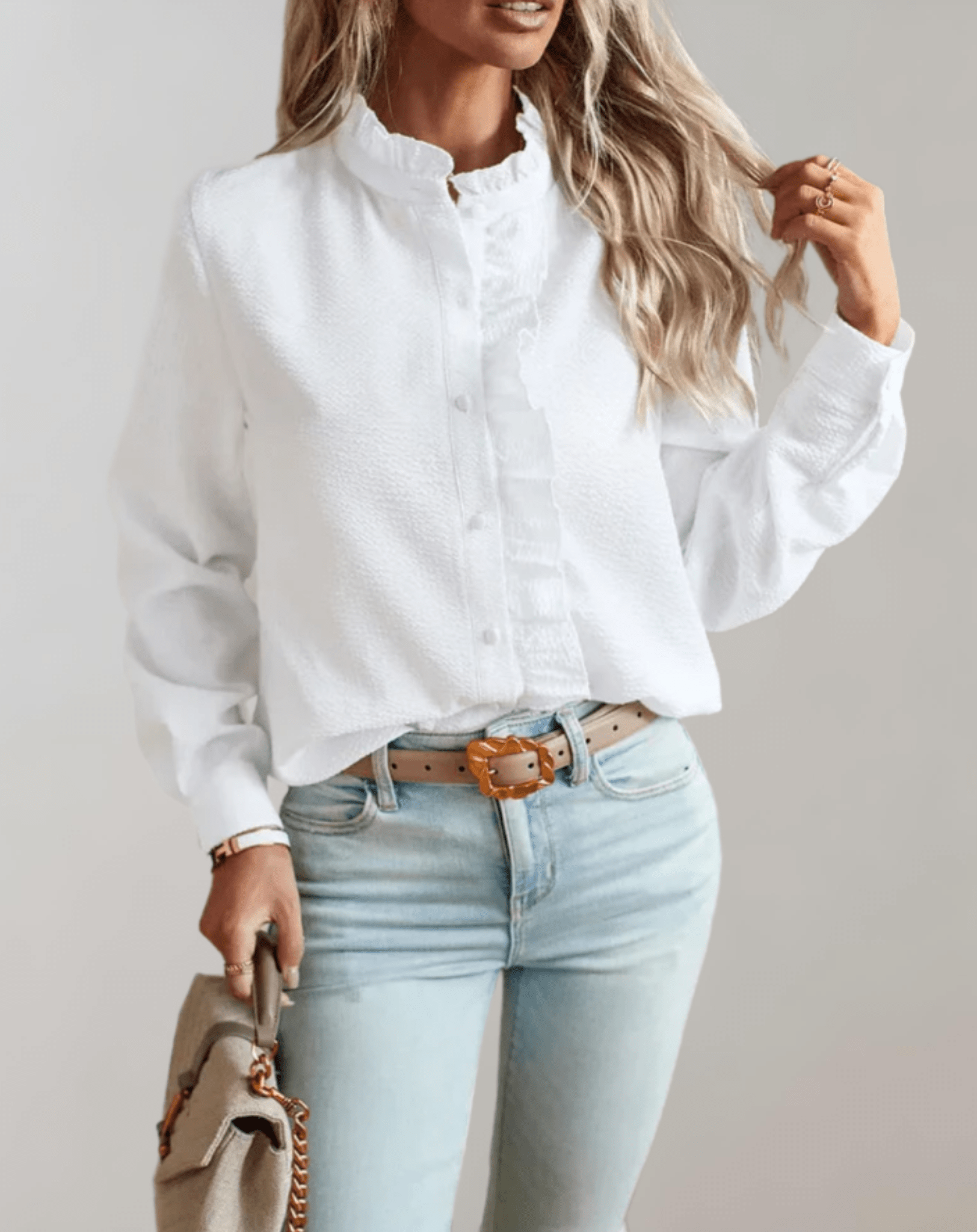 OLANE Ruffled Stand - Up Collar Loose - Fitting Blouse WhiteSWomen's Tops