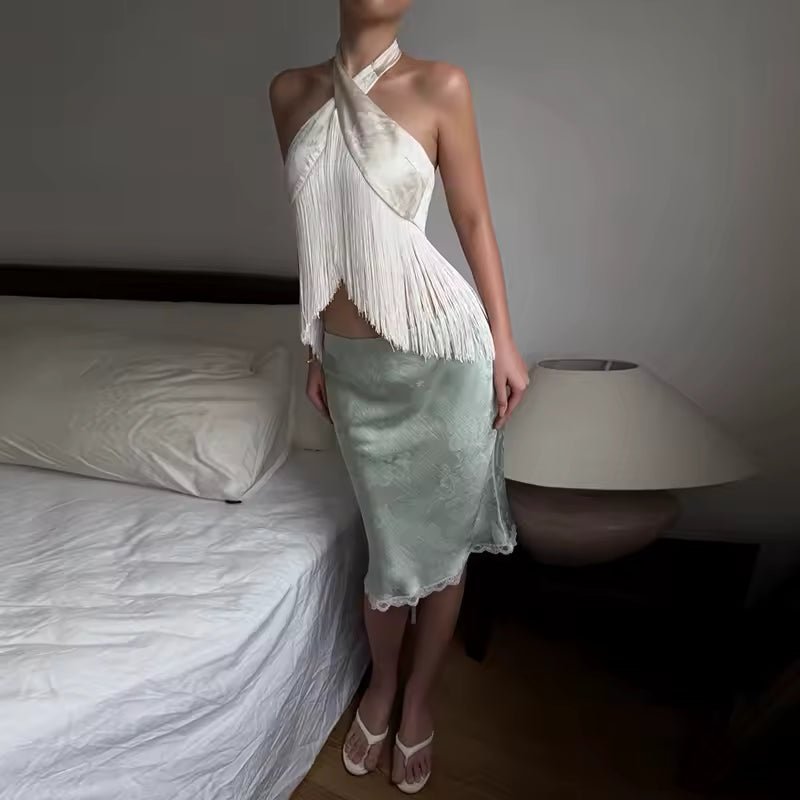 OLANE Satin Fringed Halter Backless Top WhiteMWomen’s Tops