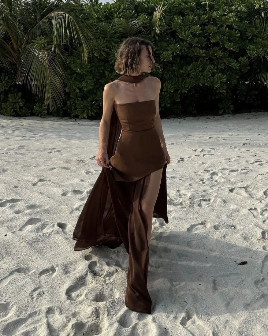 OLANE Sheer Asymmetric Strapless Maxi Dress BrownLWomen's Dresses