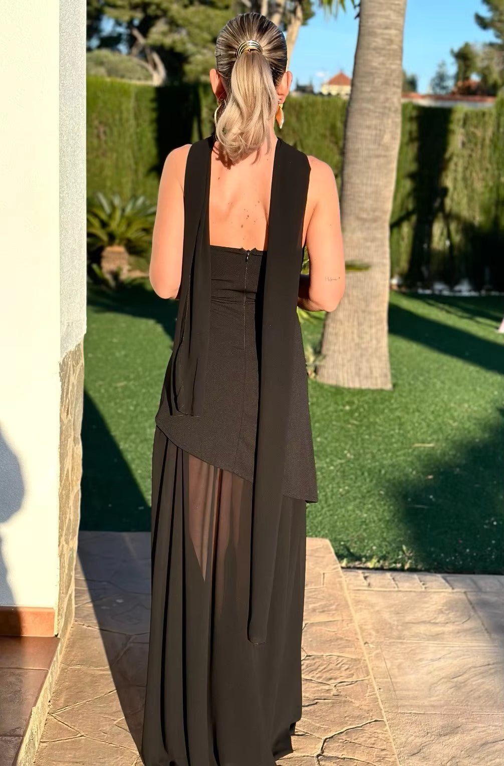 OLANE Sheer Asymmetric Strapless Maxi Dress BrownMWomen's Dresses