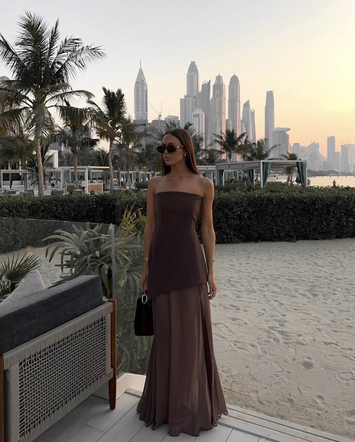 OLANE Sheer Asymmetric Strapless Maxi Dress BrownSWomen's Dresses