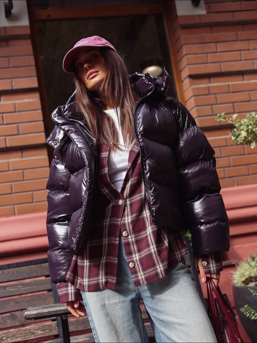 OLANE Short Glossy Hooded Puffer Jacket PurpleSWomen's Coats & Jackets