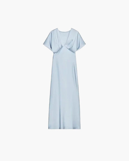 OLANE Short Sleeves V - Neck Satin Midi Dress BlueSWomen's Dresses