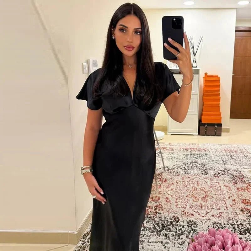 OLANE Short Sleeves V-Neck Satin Midi Dress PinkXSWomen's Dresses