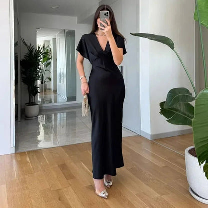 OLANE Short Sleeves V-Neck Satin Midi Dress PinkXSWomen's Dresses