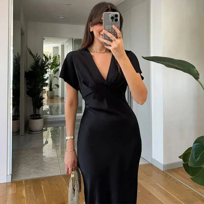 OLANE Short Sleeves V-Neck Satin Midi Dress PinkXSWomen's Dresses