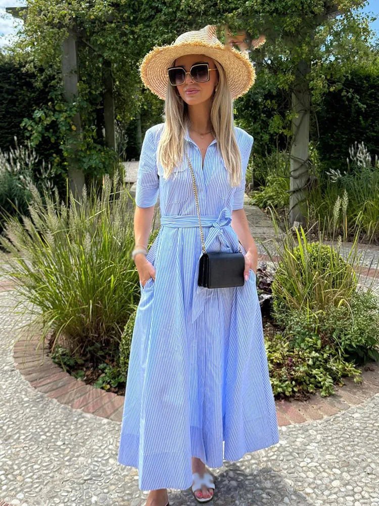OLANE Single-Breasted Bow Tie-Waist Shirt Dress Blue StripesXSWomen's Dresses