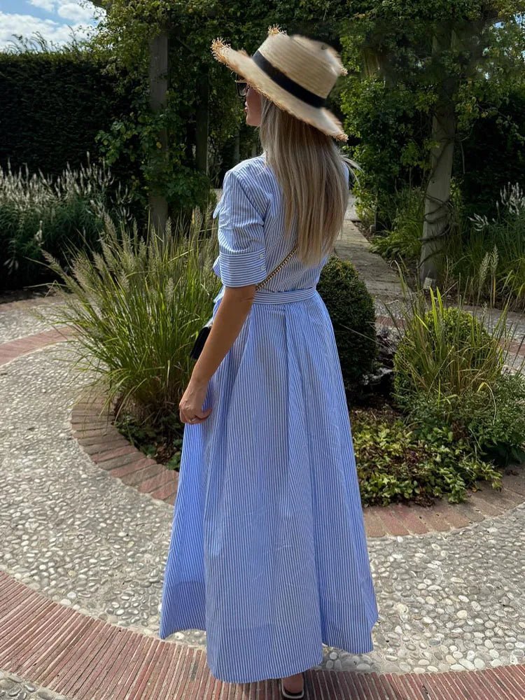 OLANE Single-Breasted Bow Tie-Waist Shirt Dress Blue StripesXSWomen's Dresses