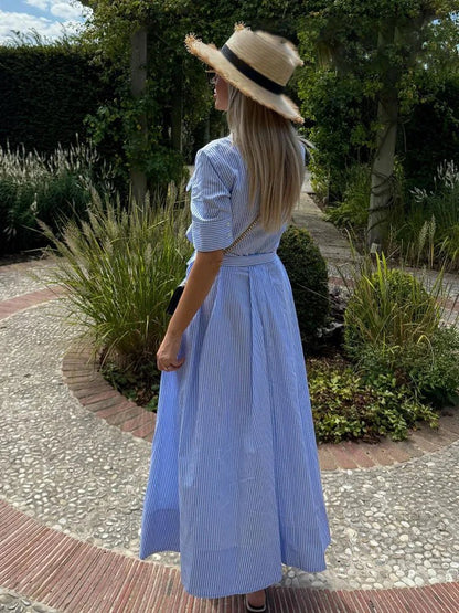 OLANE Single-Breasted Bow Tie-Waist Shirt Dress Blue StripesXSWomen's Dresses