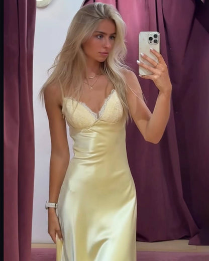 OLANE Sleeveless Backless Satin Midi Dress LWomen’s Dresses