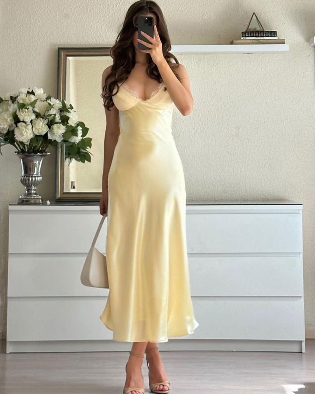 OLANE Sleeveless Backless Satin Midi Dress LWomen’s Dresses