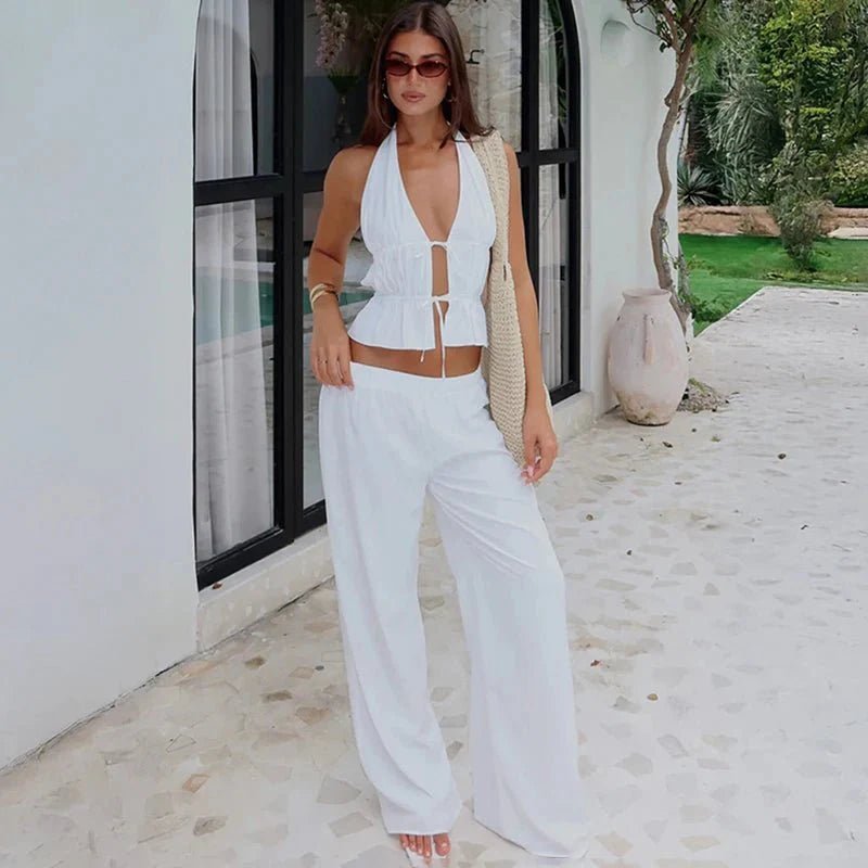 OLANE Sleeveless Halter Wide-leg Two-Piece Set WhiteSWomen's Sets