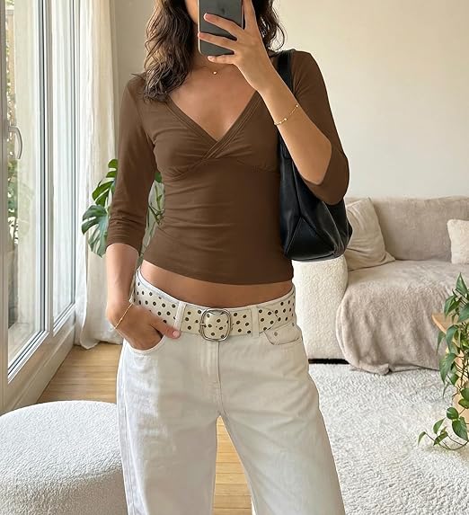 OLANE Slim-Fit Deep V Midi Sleeve Tee BrownSWomen's Tops