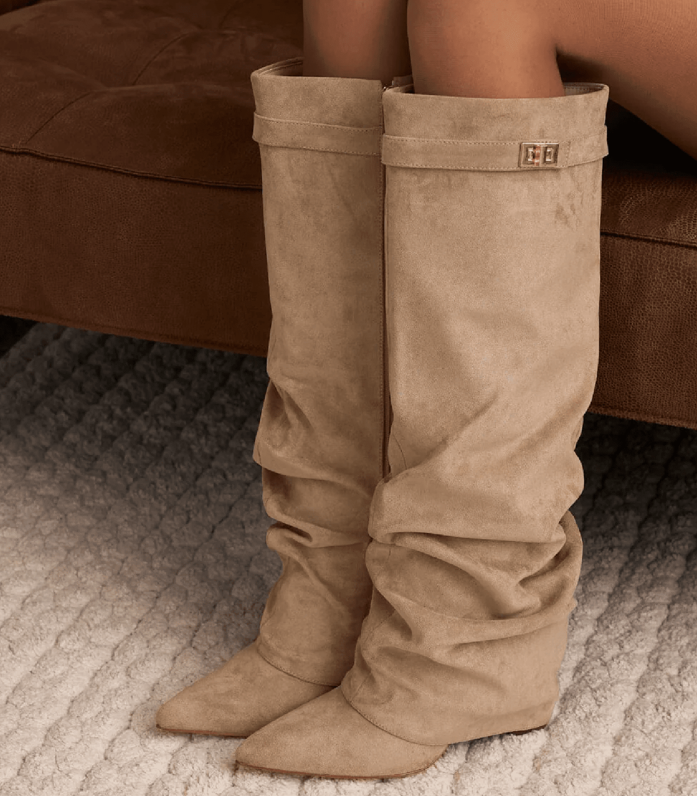 OLANE Slouchy Faux Suede Knee High Boots Brown34Boots