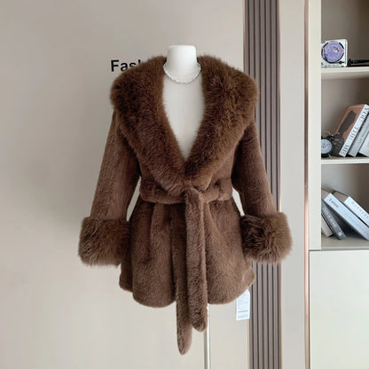 OLANE Soft Plush Faux Fur Trim Coat BlackSWomen's Coats & Jackets