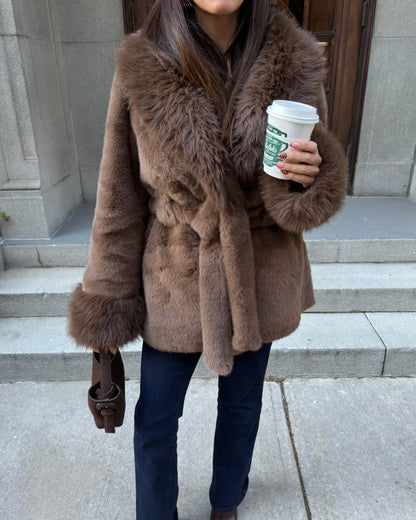 OLANE Soft Plush Faux Fur Trim Coat BrownSWomen's Coats & Jackets