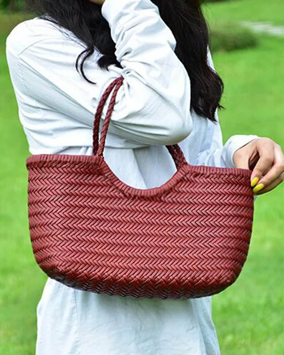 OLANE Spacious Woven Leather Tote Bag BurgundySWomen's Bags