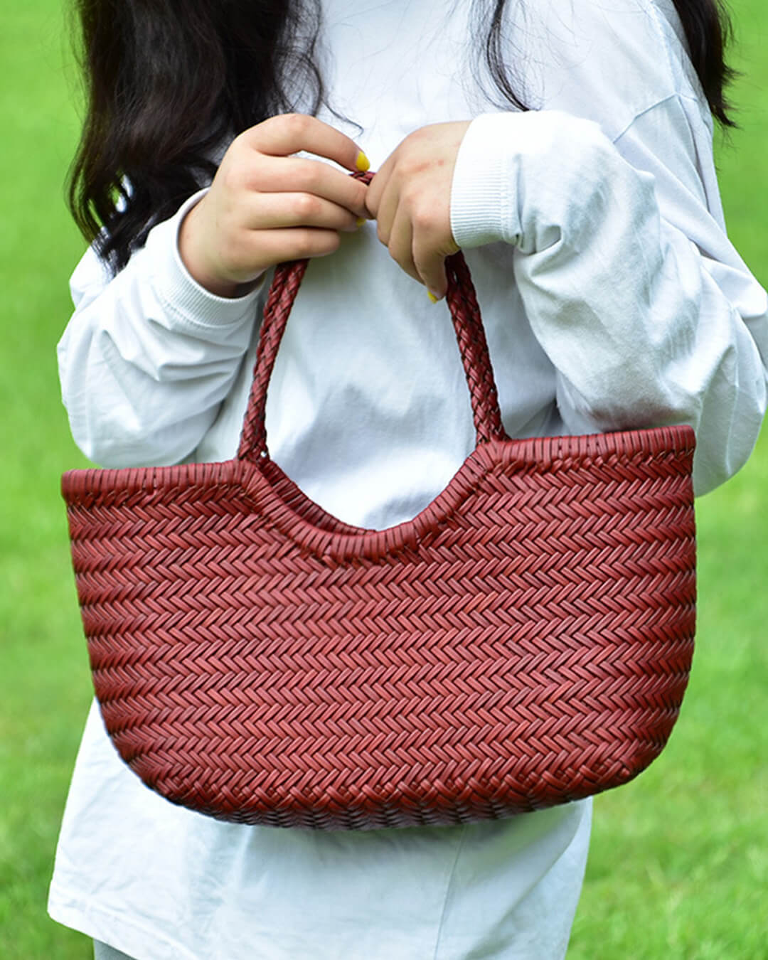 OLANE Spacious Woven Leather Tote Bag BurgundySWomen's Bags