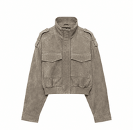 Stand Collar Faux Suede Cropped Jacket
