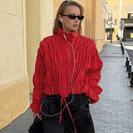 Stand Collar Ruched Zip-Up Jacket
