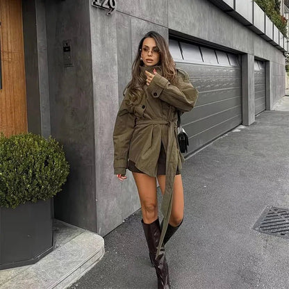 OLANE Stand Up Collar Belted Trench Coat Women's Coats & Jackets