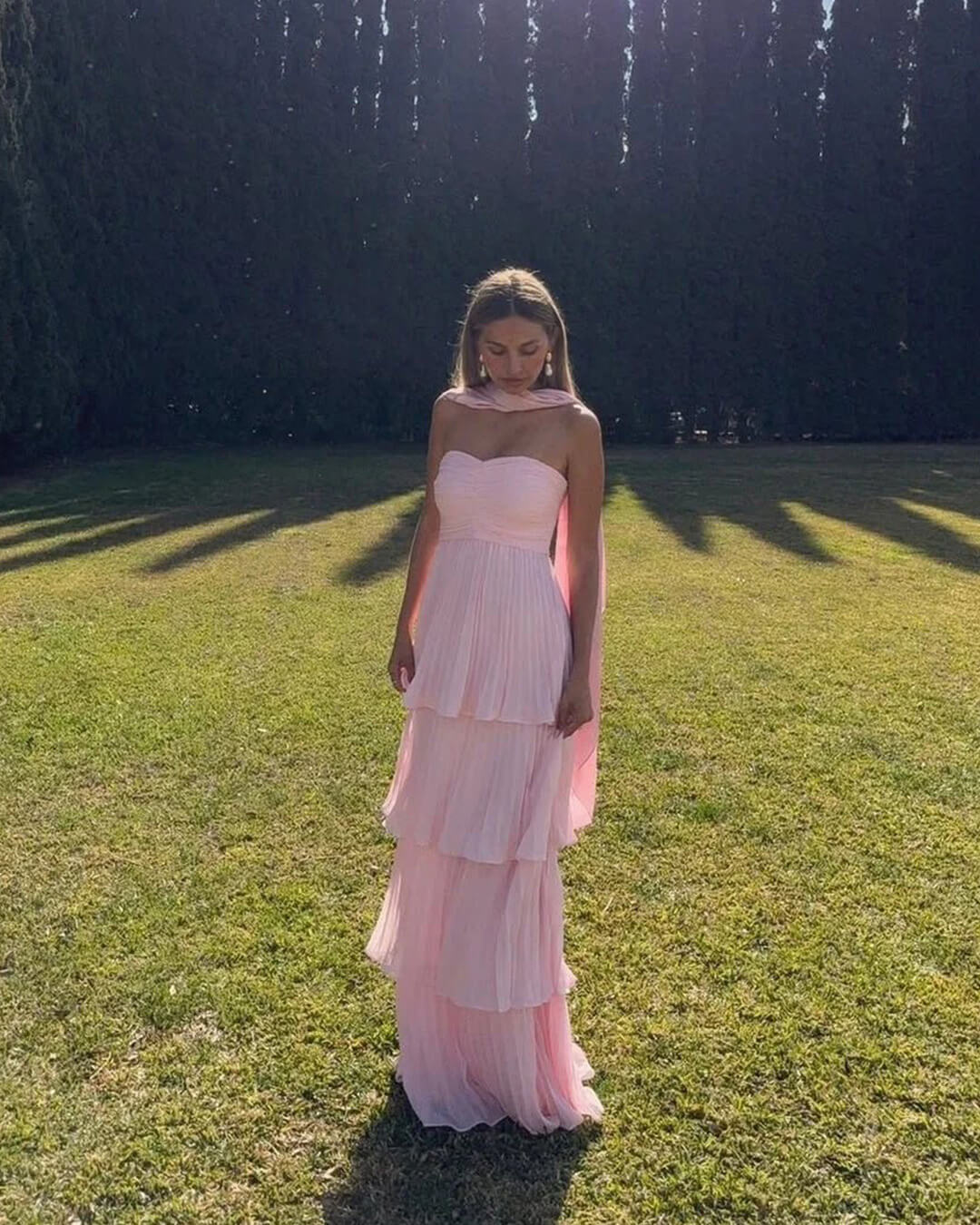 OLANE Strapless Pleated Tiered Maxi Dress SWomen's Dresses