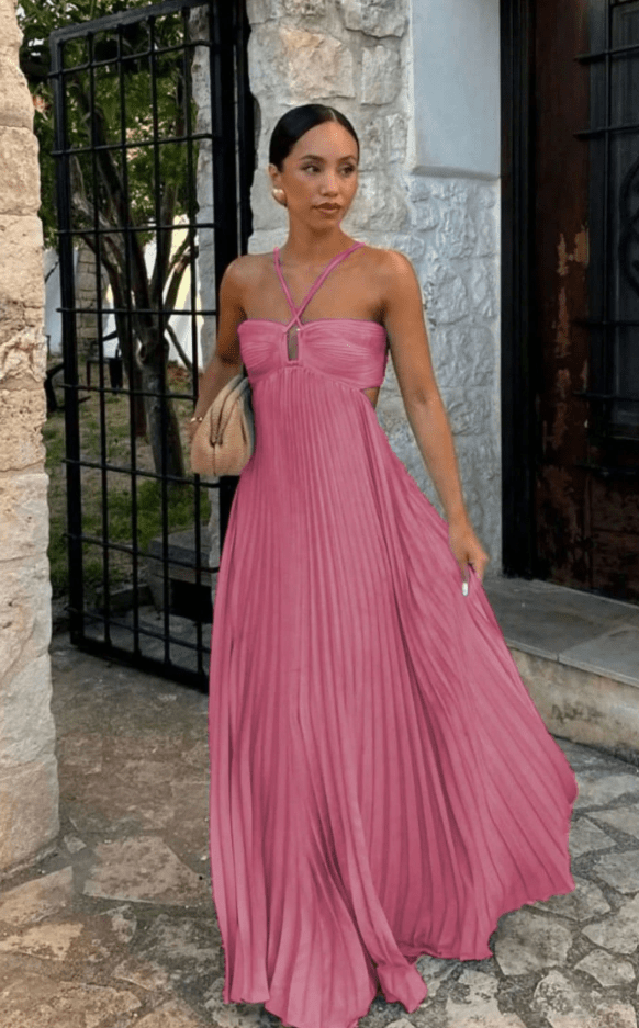 OLANE Strappy Halter Pleated Maxi Dress PinkXSWomen's Dresses