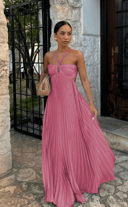 OLANE Strappy Halter Pleated Maxi Dress PinkXSWomen's Dresses