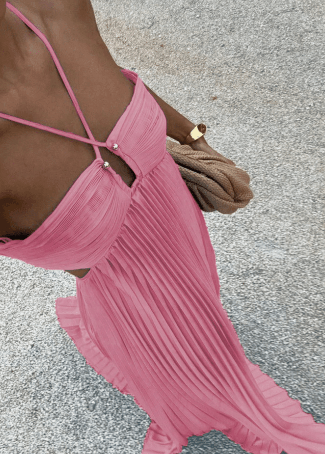 OLANE Strappy Halter Pleated Maxi Dress PinkXSWomen's Dresses