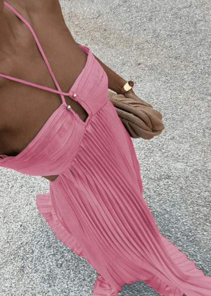 OLANE Strappy Halter Pleated Maxi Dress PinkXSWomen's Dresses