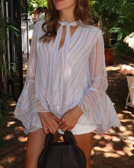 Stripe Ruffle Tie-Neck Blouse