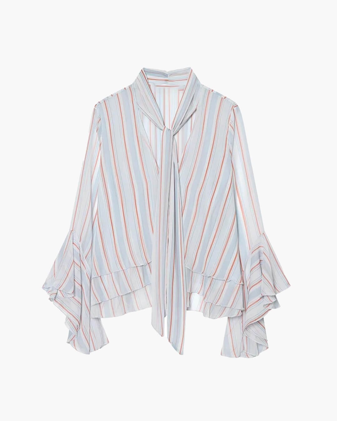OLANE Stripe Ruffle Tie-Neck Blouse Light BlueSWomen’s Tops