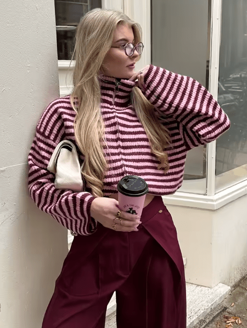 OLANE Striped Knit Zip Sweater RedLWomen's Sweaters & Cardigans