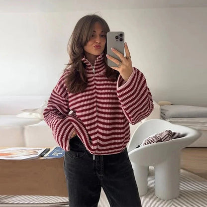 OLANE Striped Knit Zip Sweater RedMWomen's Sweaters & Cardigans